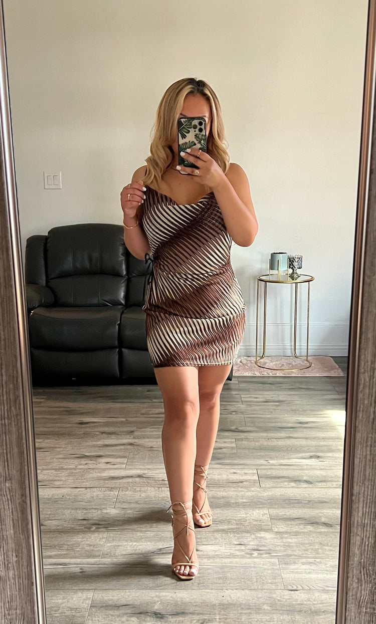 Brown Swirl Side Tie Dress